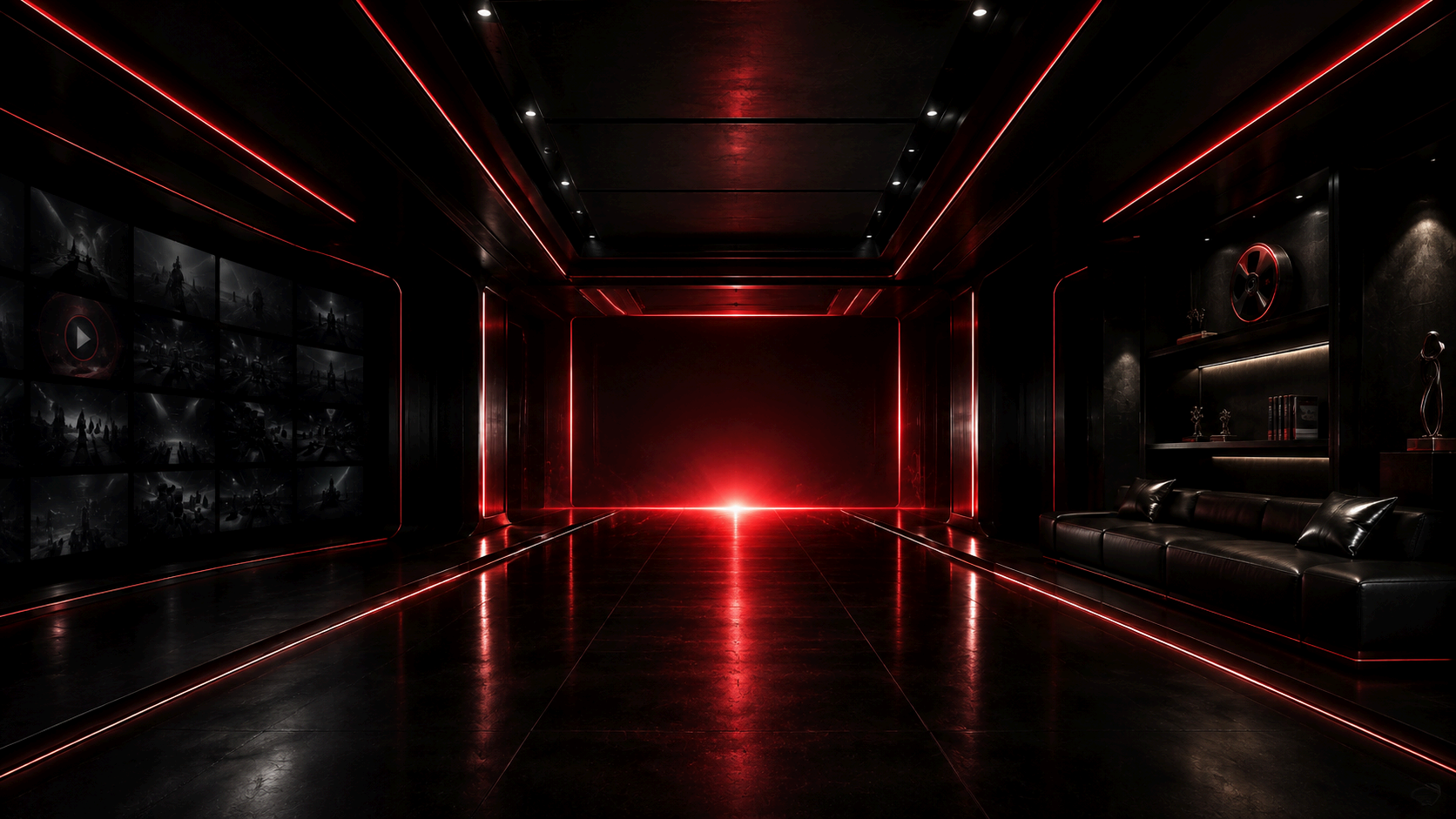Futuristic dark corridor with red lighting and a wall of screens